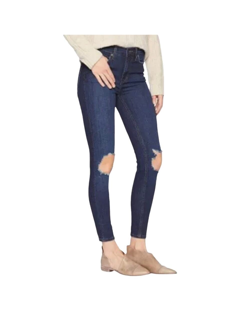Free People Distressed Skinny Jeans Size 27 Dark Wash Stretch Denim Knee Rip
